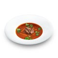 Hot delicious tomato soup with meat and rice served with leek
