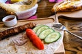 Hot dish Lula kebab in the restaurant, served on a cutting Board. Pita bread in a basket Royalty Free Stock Photo