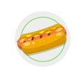 Hot dog. Bread, sausage, ketchup. Icon Harmful diet. Delicious Bun