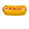 Hot dog. Bread, sausage, ketchup. Icon Harmful diet. Delicious Bun