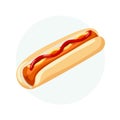 Hot Dog with bread sausage ketchup and mustard. Cartoon fast food banner. Vector illustration Royalty Free Stock Photo