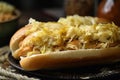 hot dog bun filled with tangy sauerkraut and spicy mustard