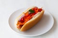 Hot dog with carrot on the white plate Royalty Free Stock Photo
