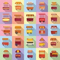 Hot dog cart icons set flat vector. Business food Royalty Free Stock Photo