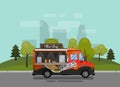 Hot dog cart, kiosk on wheels, retailers, fast snack breakfast, fast food and flat style, against the