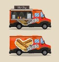 Hot dog cart, kiosk on wheels, retailers, fast snack breakfast, fast food and flat style, isolated vector illustrations