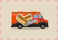 Hot dog cart, kiosk on wheels, retailers, fast snack breakfast, fast food and flat style, isolated vector illustrations.