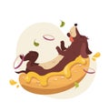 Hot Dog Cartoon Character. Dachshund puppy, being wrapped by bun roll with yellow mustard on top. Funny vector illustration