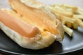 Hot dog with cheese and French fried fast food on dish Royalty Free Stock Photo