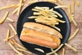 Hot dog with cheese and French fried fast food on dish Royalty Free Stock Photo