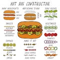 Hot Dog Constructor. Set of Fast Food Menu Ingredients. Hand Drawn High Quality Clean Realistic Vector Illustration Royalty Free Stock Photo