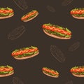 Hot Dog Day vector seamless pattern with buns and sausages. hand drawing on black