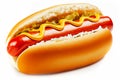 Hot dog with delicious sausage with thick mustard sauce isolated on white background Royalty Free Stock Photo