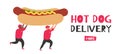 Hot dog delivery couriers carrying big fast food vector