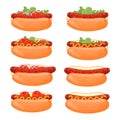 Hot Dog. Hot dogs with various fillings. Lettuce, tomatoes, onions, mustard, ketchup. Fast food Royalty Free Stock Photo