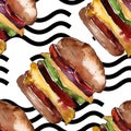 Hot dog fast food isolated. Watercolor background illustration set. Seamless background pattern. Royalty Free Stock Photo