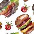 Hot dog fast food isolated. Watercolor background illustration set. Seamless background pattern. Royalty Free Stock Photo