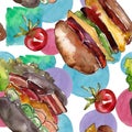 Hot dog fast food isolated. Watercolor background illustration set. Seamless background pattern. Royalty Free Stock Photo