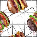 Hot dog fast food isolated. Watercolor background illustration set. Seamless background pattern. Royalty Free Stock Photo