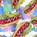 Hot dog fast food isolated. Watercolor background illustration set. Seamless background pattern. Royalty Free Stock Photo
