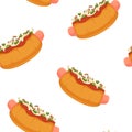 Hot dog or fast food with sausage and mustard tomato ketchup sauce cartoon vector seamless pattern