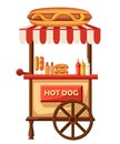 Hot dog Flat design illustration of fast food car. Mobile retro vintage shop truck icon with signboard with big hot dog. Si