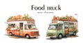 Hot dog Food Truck. Street Food Truck concept with merchant character design. Watercolor vector illustration cute van