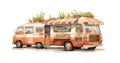 Hot dog Food Truck. Street Food Truck concept with merchant character design. Watercolor vector illustration cute van