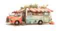 Hot dog Food Truck. Street Food Truck concept with merchant character design. Watercolor vector illustration cute van
