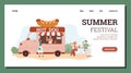 Hot dog food truck at the Summer Festival event horizontal banner. Female cook sell hot sausages van to young hipsters.