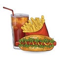 Hot dog, free and drink in the sketch style on the white background.