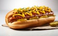 Hot dog - grilled sausage in a bun with sauces, ketchup and yellow mustard on dark background