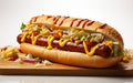 Hot dog - grilled sausage in a bun with sauces, ketchup and yellow mustard on dark background