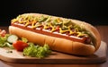 Hot dog - grilled sausage in a bun with sauces, ketchup and yellow mustard on dark background