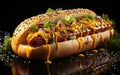 Hot dog - grilled sausage in a bun with sauces, ketchup and yellow mustard on dark background