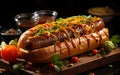 Hot dog - grilled sausage in a bun with sauces, ketchup and yellow mustard on dark background