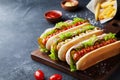 Hot dog with grilled sausage, ketchup, mustard and fries closeup. Traditional fast food. Royalty Free Stock Photo