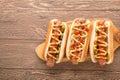 Hot dog with grilled sausage  mustard  and ketchup  onions  and greens on paper background Royalty Free Stock Photo