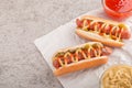 Hot dog with grilled sausage  mustard  and ketchup  onions  and greens on paper background Royalty Free Stock Photo