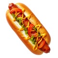 Hot dog isolated on a white or transparent background. A bun cut lengthwise with a milk sausage inside with ketchup and Royalty Free Stock Photo