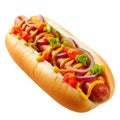 Hot dog isolated on a white or transparent background. A bun cut lengthwise with a milk sausage inside with ketchup Royalty Free Stock Photo