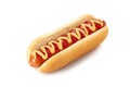 Hot dog with ketchup and mustard on white Royalty Free Stock Photo