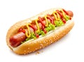 Hot dog with ketchup and mustard, isolated on white background Royalty Free Stock Photo