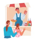 Hot dog kiosk at Food Festival with vendor and buyers, flat vector isolated.