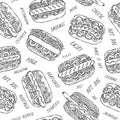 Hot Dog and Lettering Seamless Endless Pattern. Many Ingredients. Restaurant or Cafe Menu Background. Street Fast Food Collection.