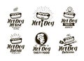 Hot dog logo or label. Fast food, eating emblem. Typographic design vector illustration Royalty Free Stock Photo