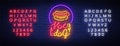 Hot dog logo in neon style design template. Hot dog neon signs, light banner, neon symbol fast food emblem, American