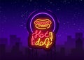 Hot dog logo in neon style design template. Hot dog neon signs, light banner, neon symbol fast food emblem, American