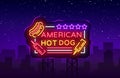 Hot dog logo in neon style design template. Hot dog neon signs, light banner, neon symbol fast food emblem, American