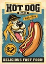 Hot dog mania retro poster with cartoon style dog graphic